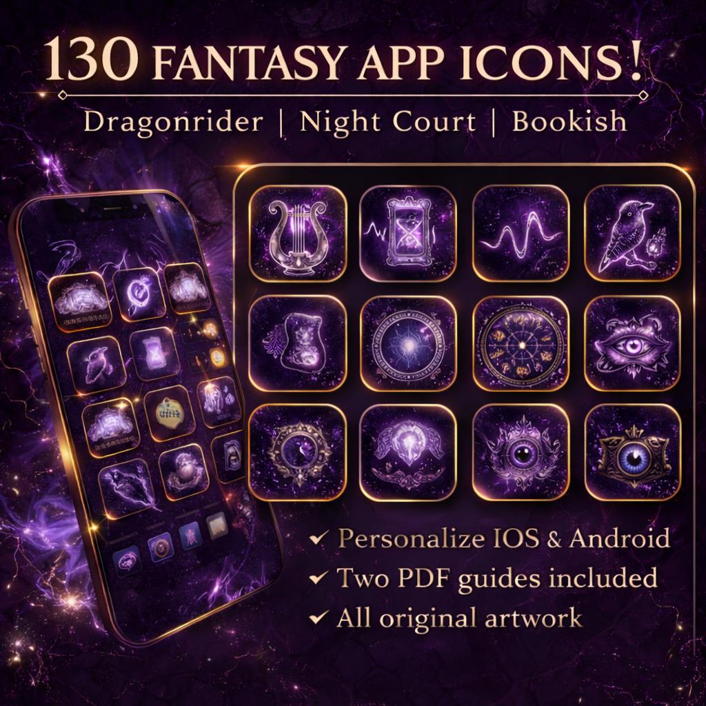 Dragon Rider App Icons and Live Wallpaper: Violet Fantasy Theme (iOS and Android Digital Download