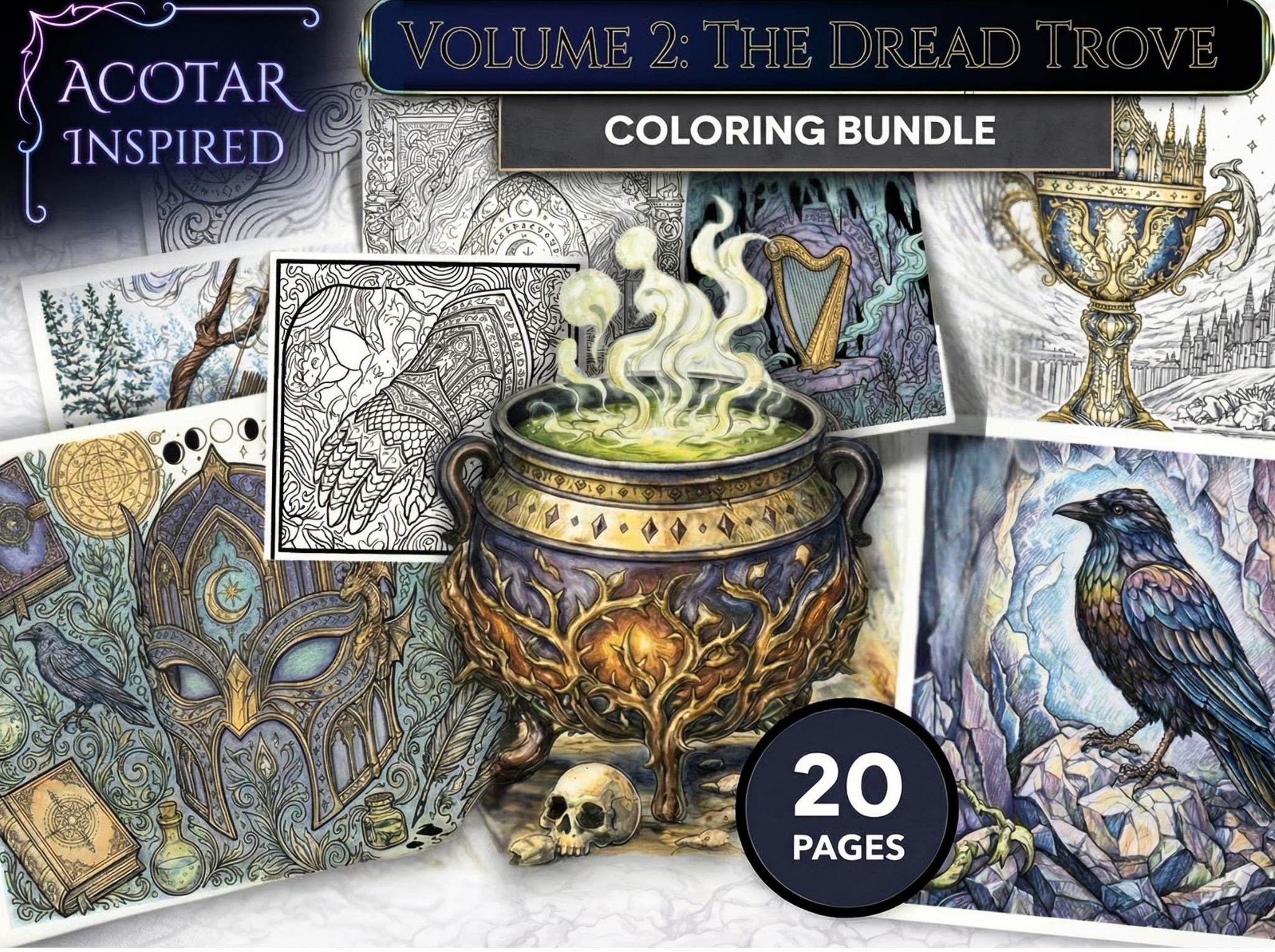 60 Hand-Drawn Designs: Night Court, Dread Trove & Seasonal Courts (PDF) ACOTAR Inspired Coloring Book Bundle