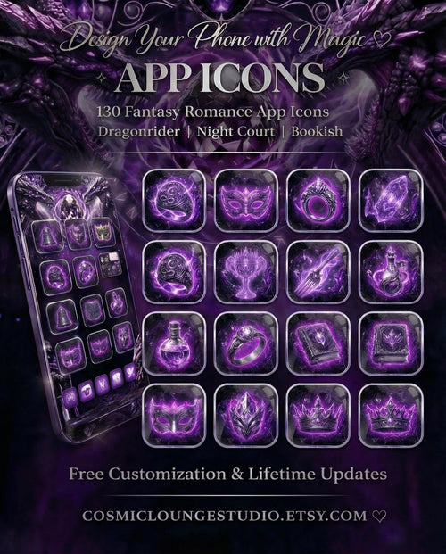 130 Liquid Glass Fantasy App Icons: Amethyst Dragon Rider, Night Court Theme