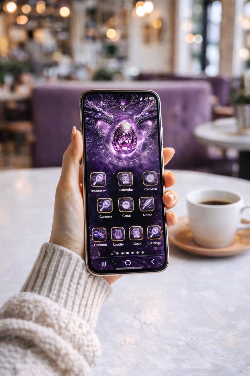 Dragon Rider App Icons and Live Wallpaper: Violet Fantasy Theme (iOS and Android Digital Download