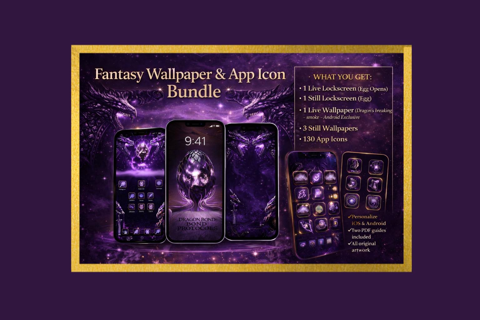 Dragon Rider App Icons and Live Wallpaper: Violet Fantasy Theme (iOS and Android Digital Download