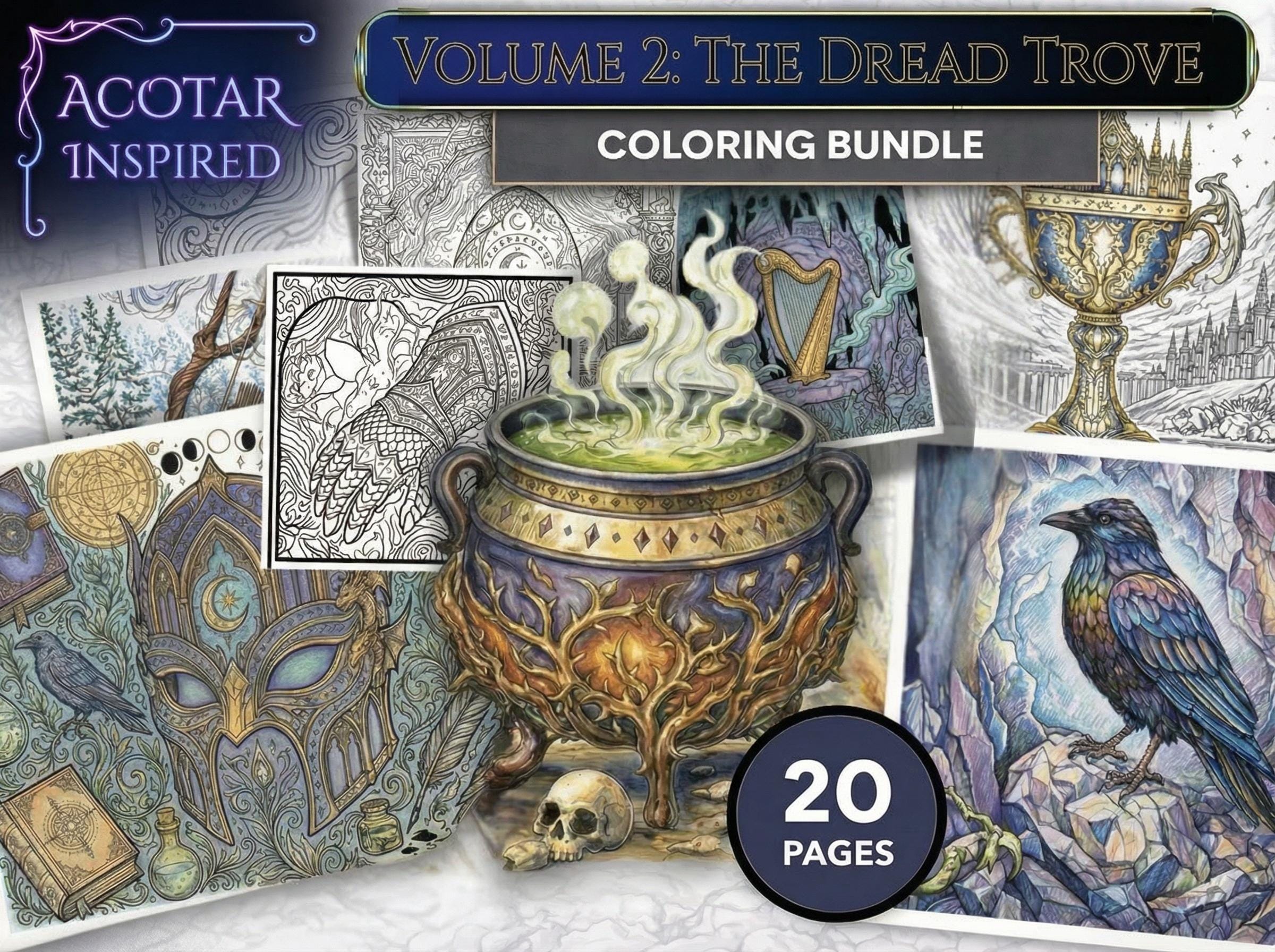 Hand-Drawn Dread Trove Coloring Book: Nesta’s Mask & Cauldron (Digital and Print) ACOTAR Vol 2