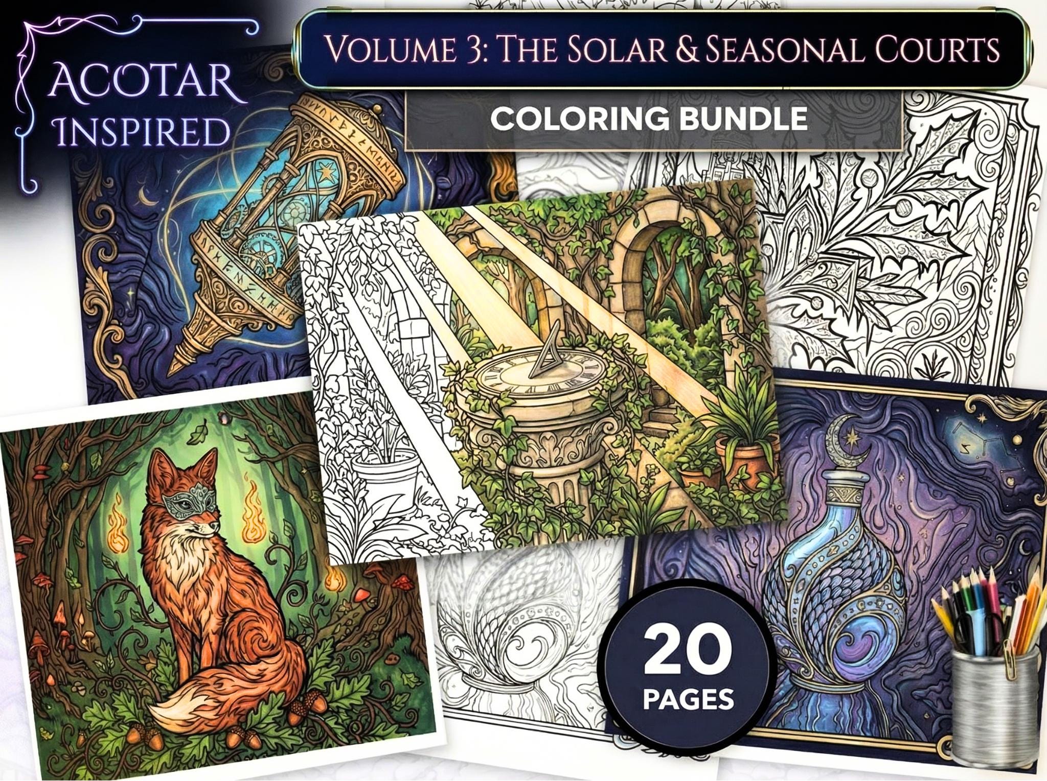 60 Hand-Drawn Designs: Night Court, Dread Trove & Seasonal Courts (PDF) ACOTAR Inspired Coloring Book Bundle