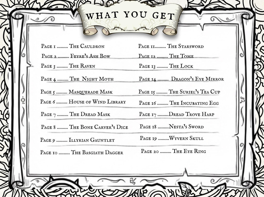 60 Hand-Drawn Designs: Night Court, Dread Trove & Seasonal Courts (PDF) ACOTAR Inspired Coloring Book Bundle