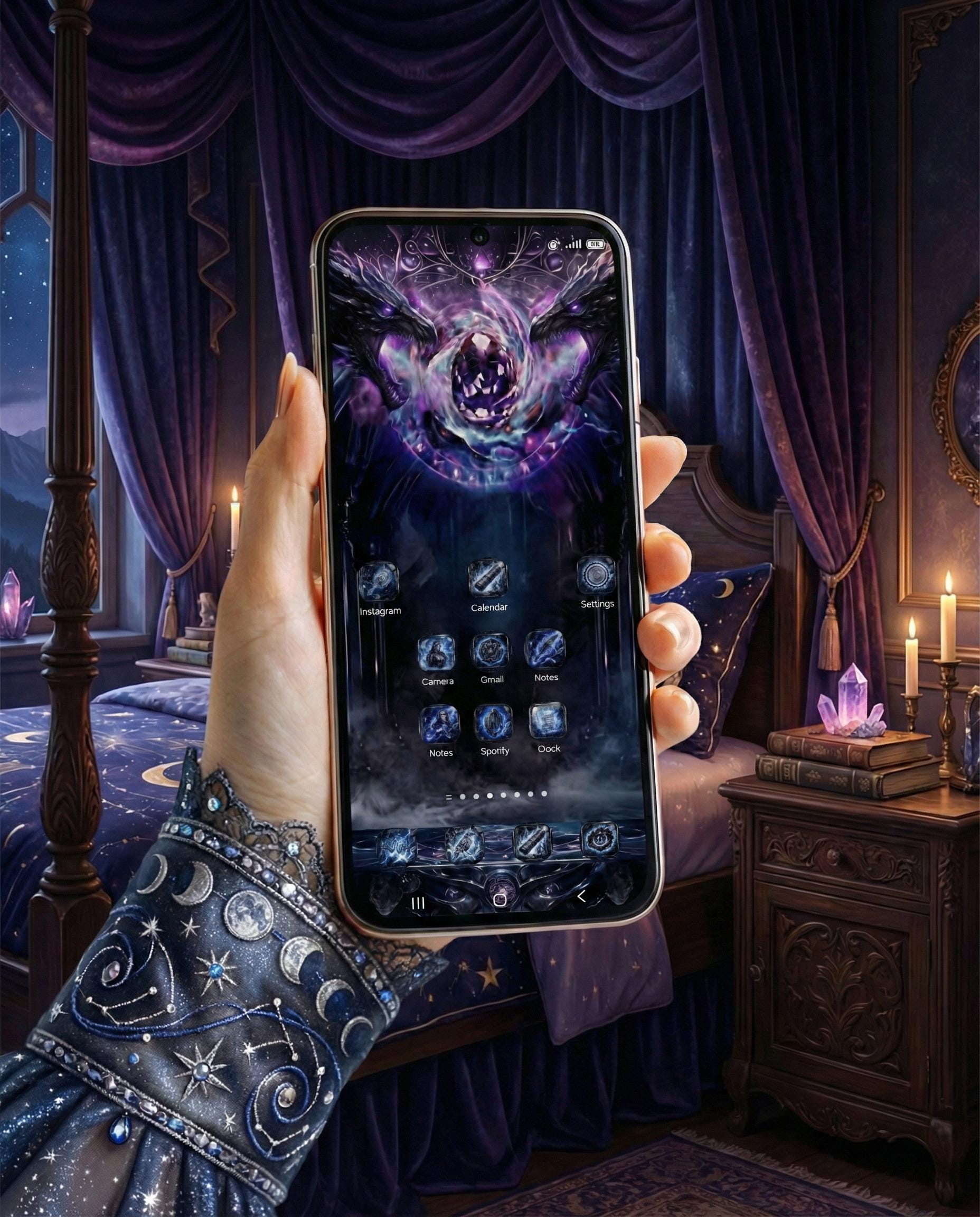 Onyx Dragon Rider App Icons and Live Wallpaper: Violet Fantasy Theme (iOS and Android Digital Download)