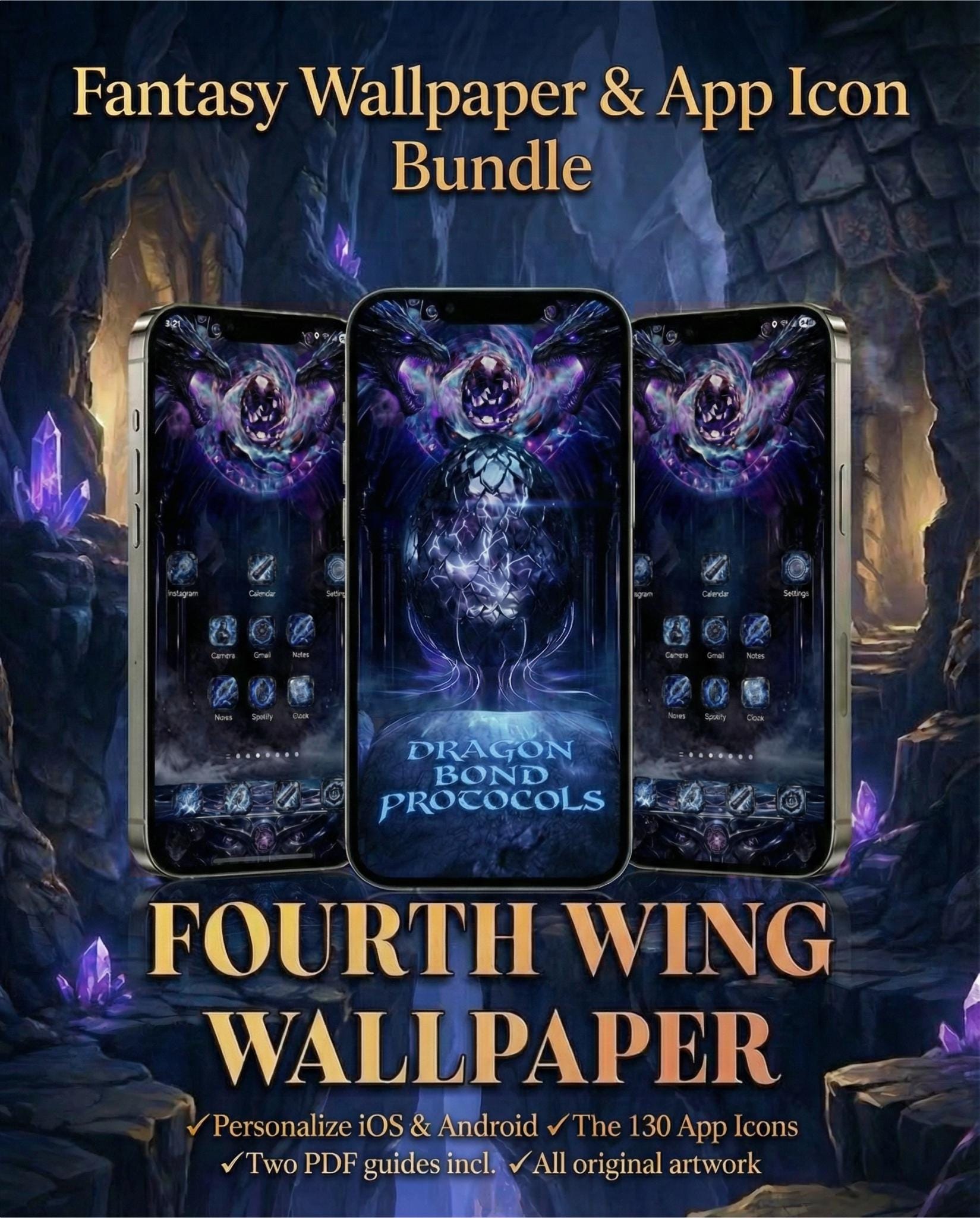 Onyx Dragon Rider App Icons and Live Wallpaper: Violet Fantasy Theme (iOS and Android Digital Download)