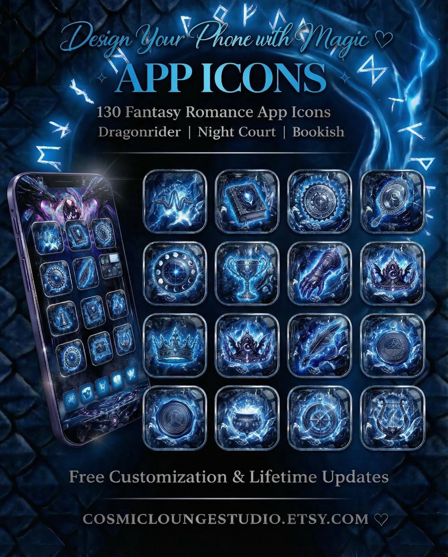 130 Liquid Glass Onyx Fantasy App Icons: Shadow Black Dragon Rider and College of Dragons Theme