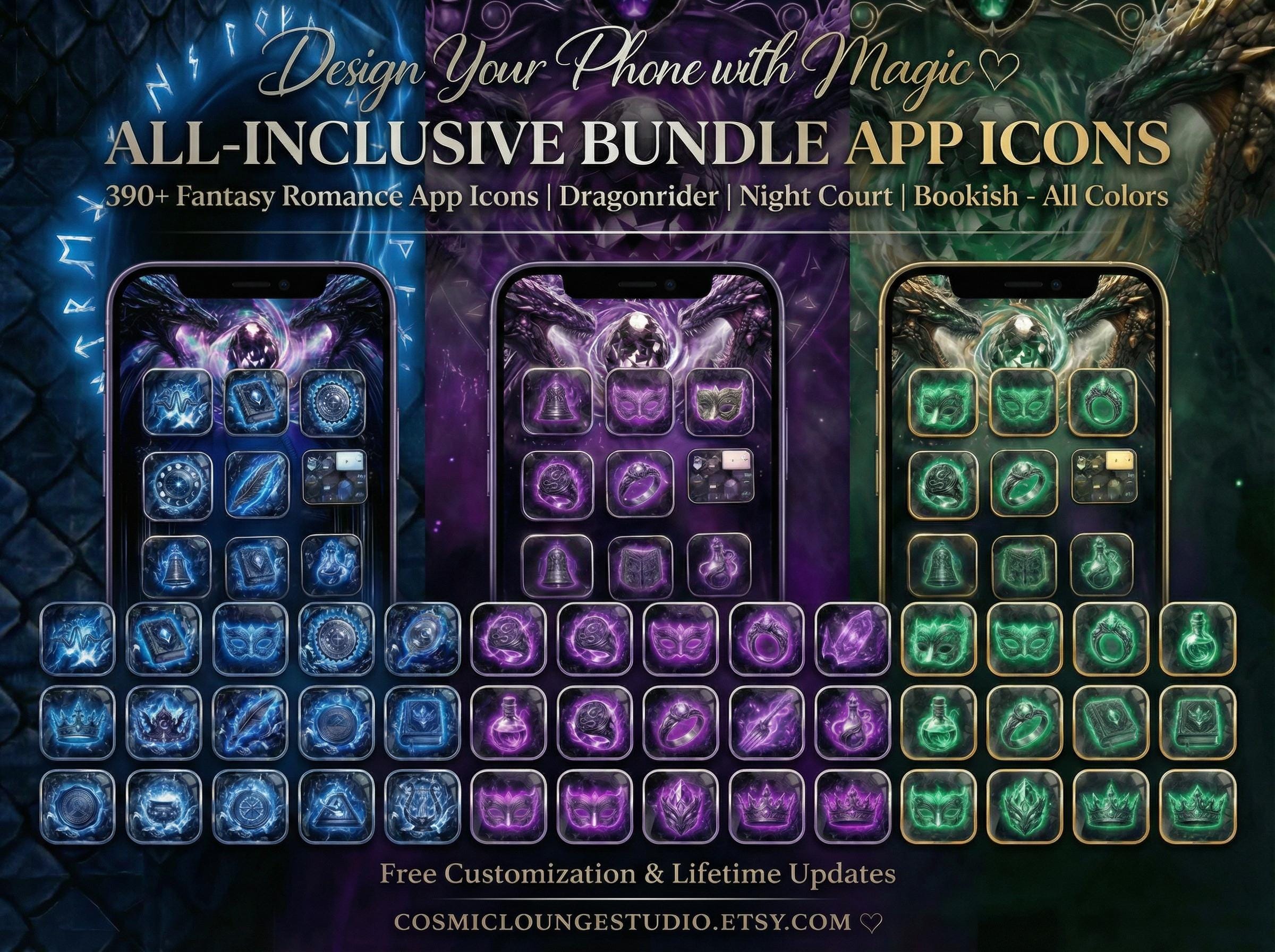 390+ Liquid Glass App Icons: Night Court (Amethyst), Dragon Rider (Onyx) and Spring Court (Machete Green) Aesthetics for iOS & Android