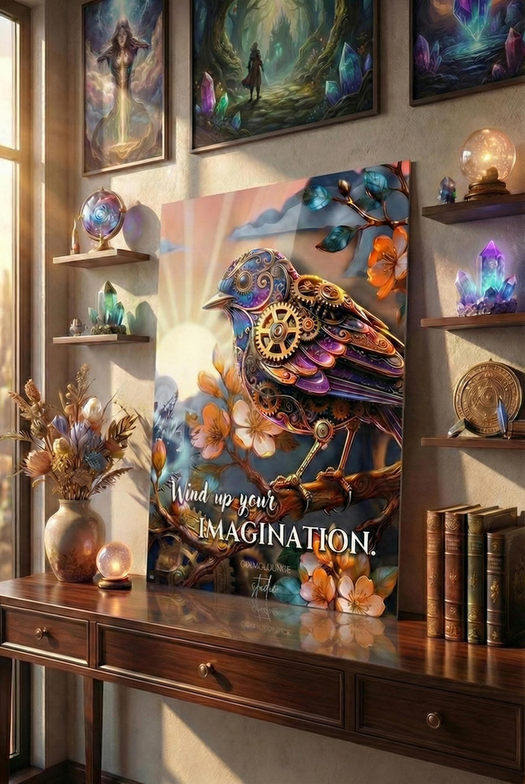 Steampunk Bird Inspirational Fantasy Wall Art – “Wind Up Your Imagination” Clockwork Bird Metal Print | Fantasy Decor | Creative Studio Art