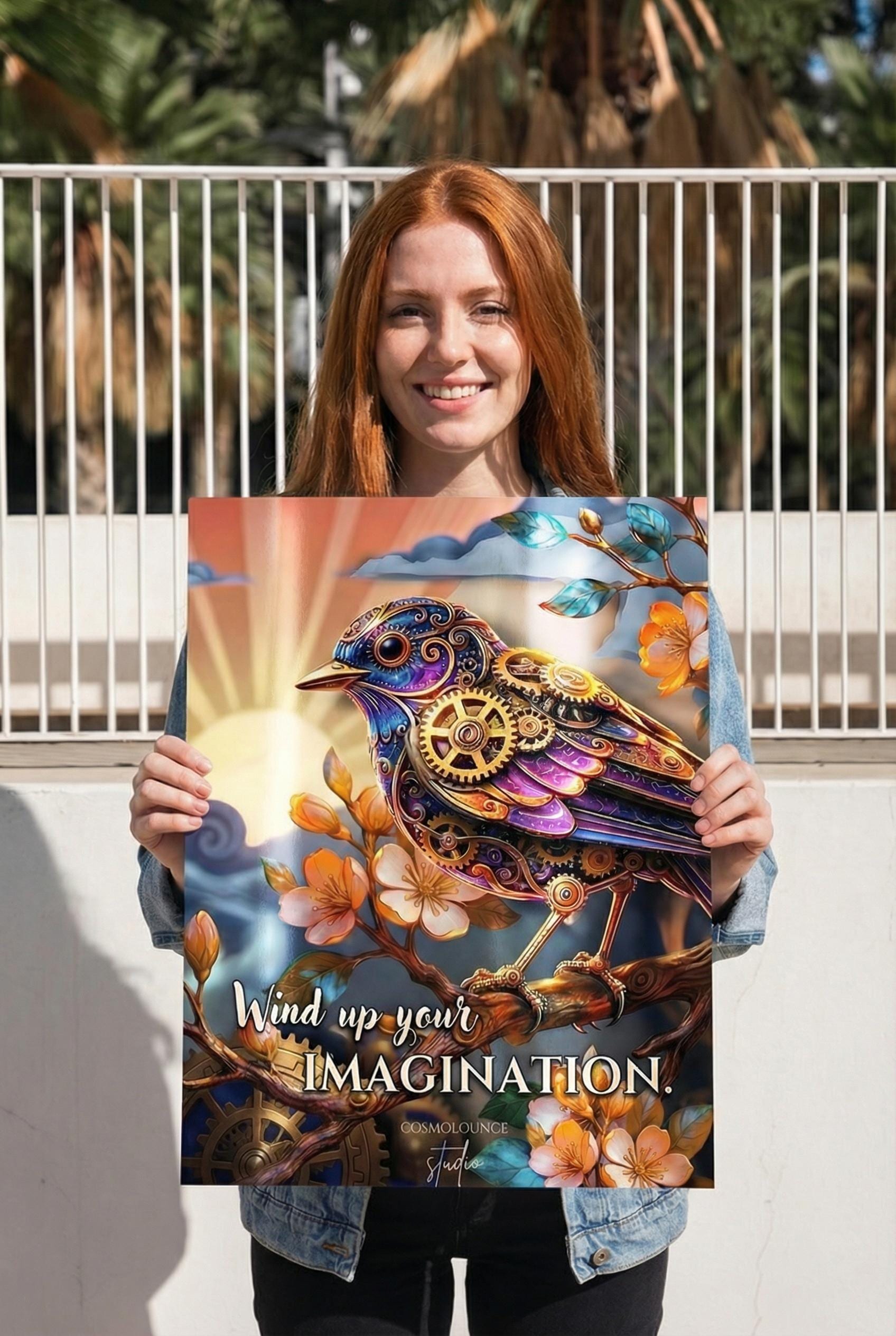 Steampunk Bird Inspirational Fantasy Wall Art – “Wind Up Your Imagination” Clockwork Bird Metal Print | Fantasy Decor | Creative Studio Art