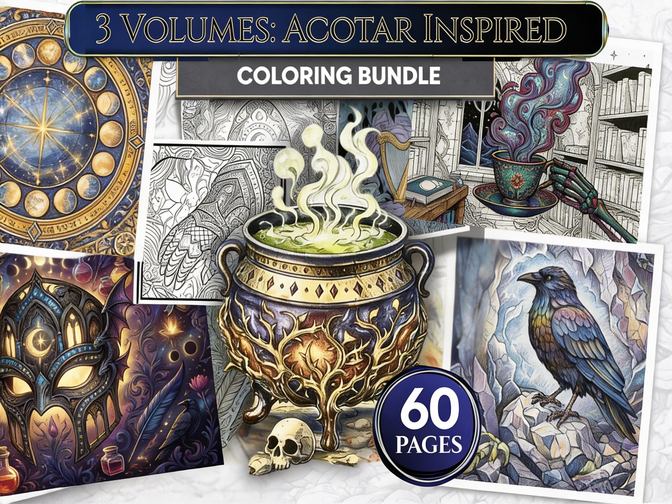 60 Hand-Drawn Designs: Night Court, Dread Trove & Seasonal Courts (PDF) ACOTAR Inspired Coloring Book Bundle