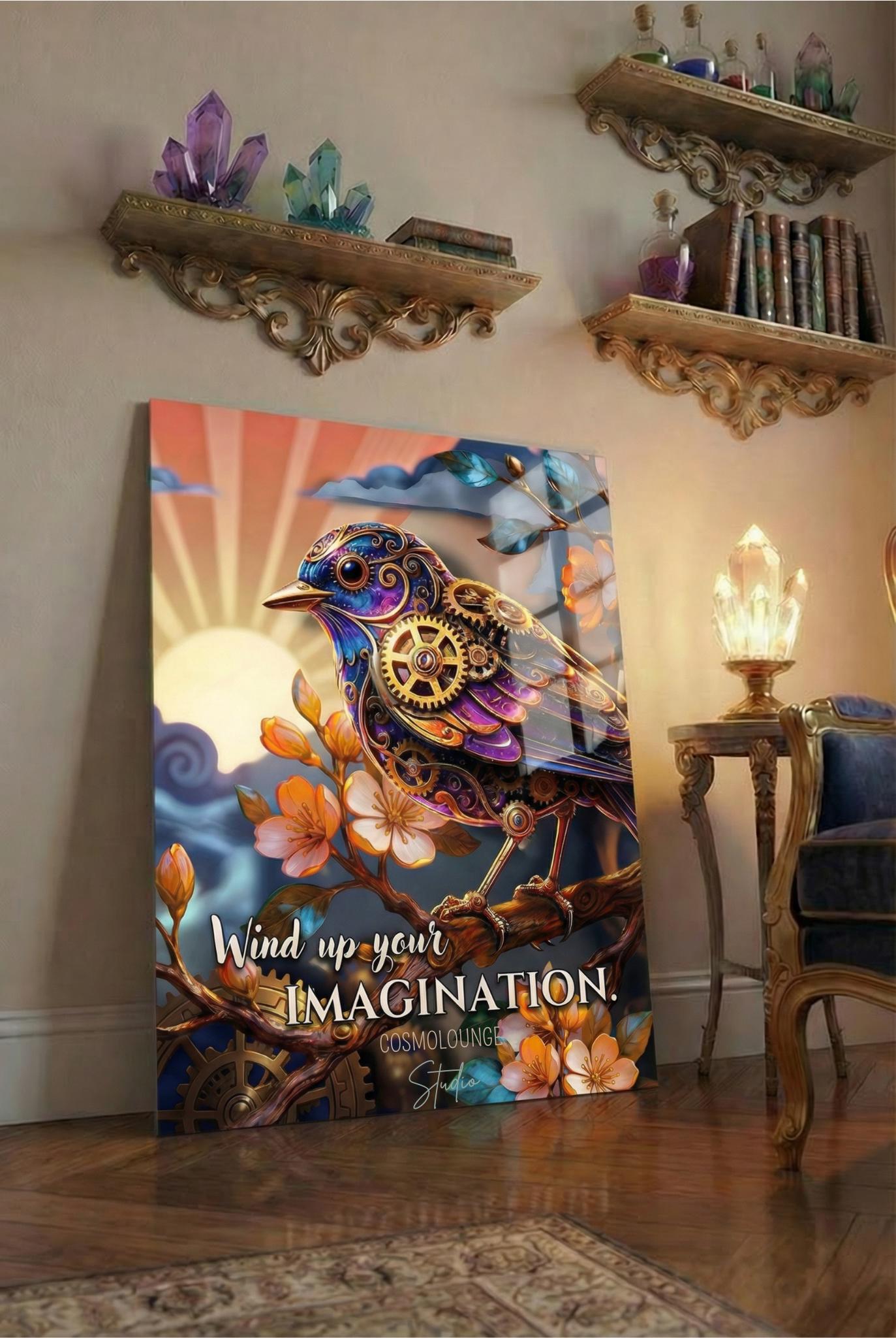 Steampunk Bird Inspirational Fantasy Wall Art – “Wind Up Your Imagination” Clockwork Bird Metal Print | Fantasy Decor | Creative Studio Art